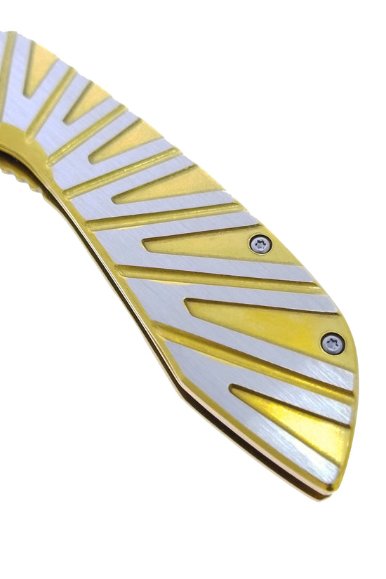 Falcon Gold & Silver Spring Assisted Pocket Knife with a sleek, modern design and textured grip