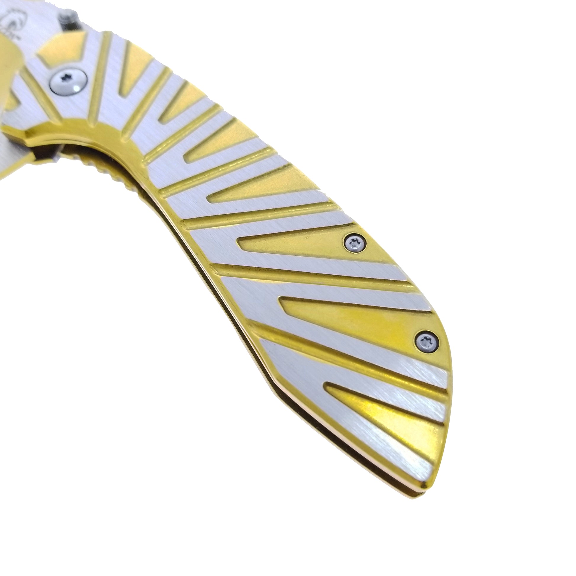 Falcon Gold & Silver Spring Assisted Pocket Knife with a sleek, modern design and textured grip