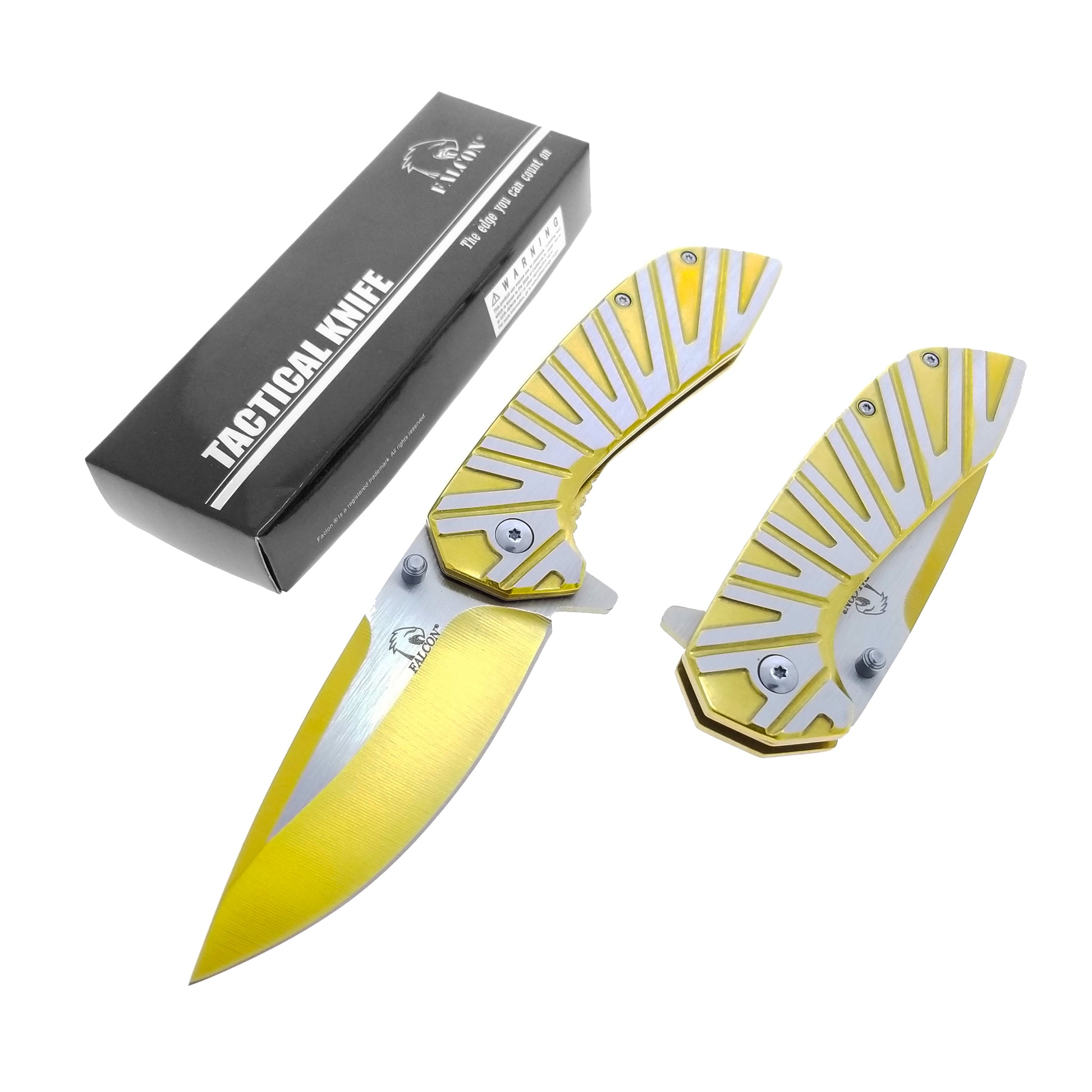 Falcon Gold & Silver Spring Assisted Pocket Knife with sleek design and stainless steel blade