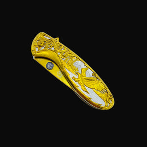 Falcon gold spring assisted knife pocket knife with detailed eagle and scroll design closed blade