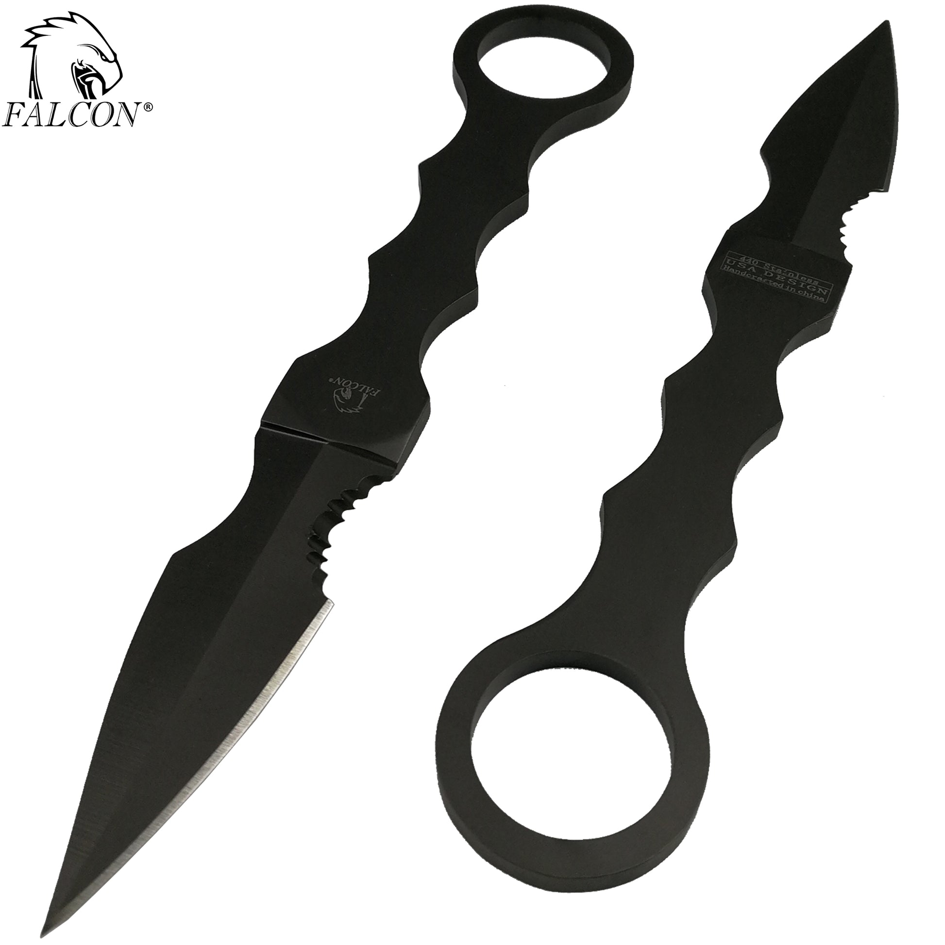 Falcon Gray Tactical Fixed Blade Knife with a unique design and durable black finish