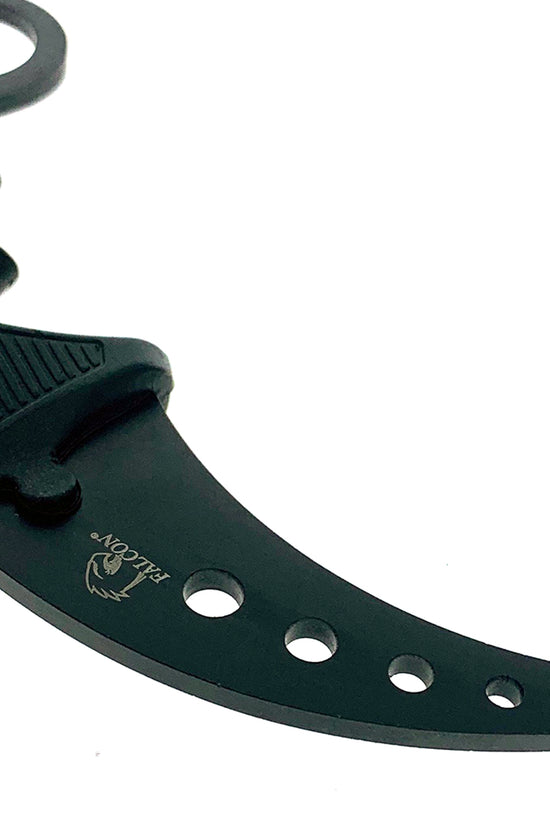 Black Falcon karambit trainer knife with curved blade and finger ring for safe training