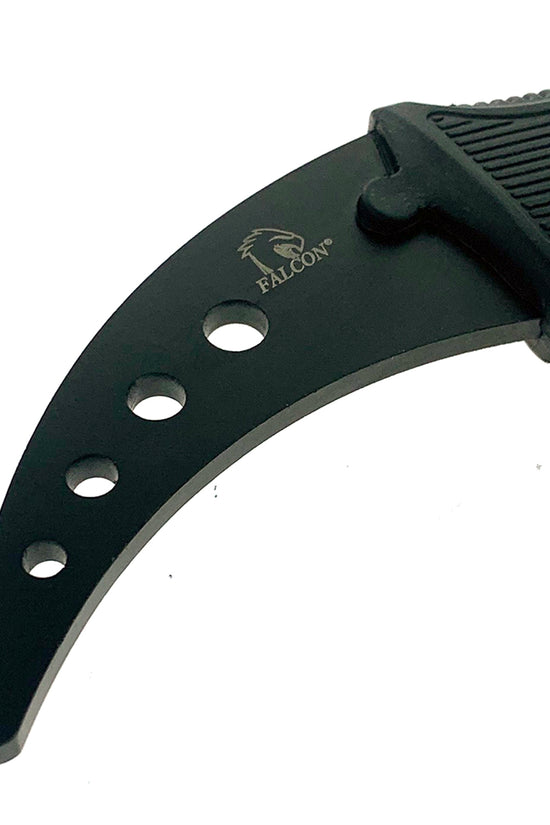 Black Falcon karambit trainer knife with curved blade and textured grip handle
