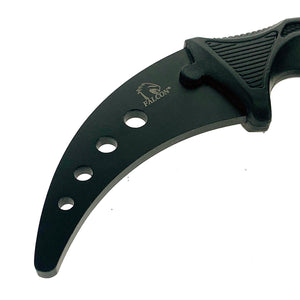 Black Falcon karambit trainer knife with curved blade and textured grip handle