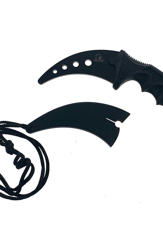 Falcon black karambit trainer knife with protective sheath and cord for safe training use