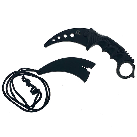 Falcon black karambit trainer knife with protective sheath and cord for safe training use