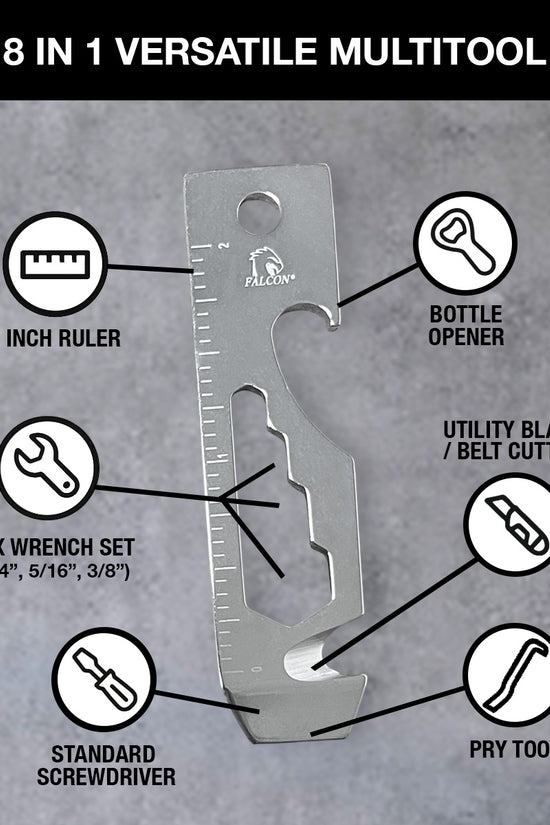 Falcon keychain multitool for outdoor use with 8-in-1 functions including ruler, bottle opener, wrench, and screwdriver