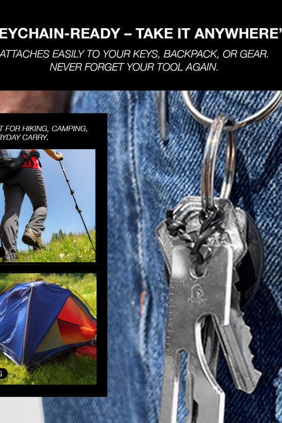 Falcon keychain multitool for outdoor use attached to keys on denim pocket with hiking and camping scenes