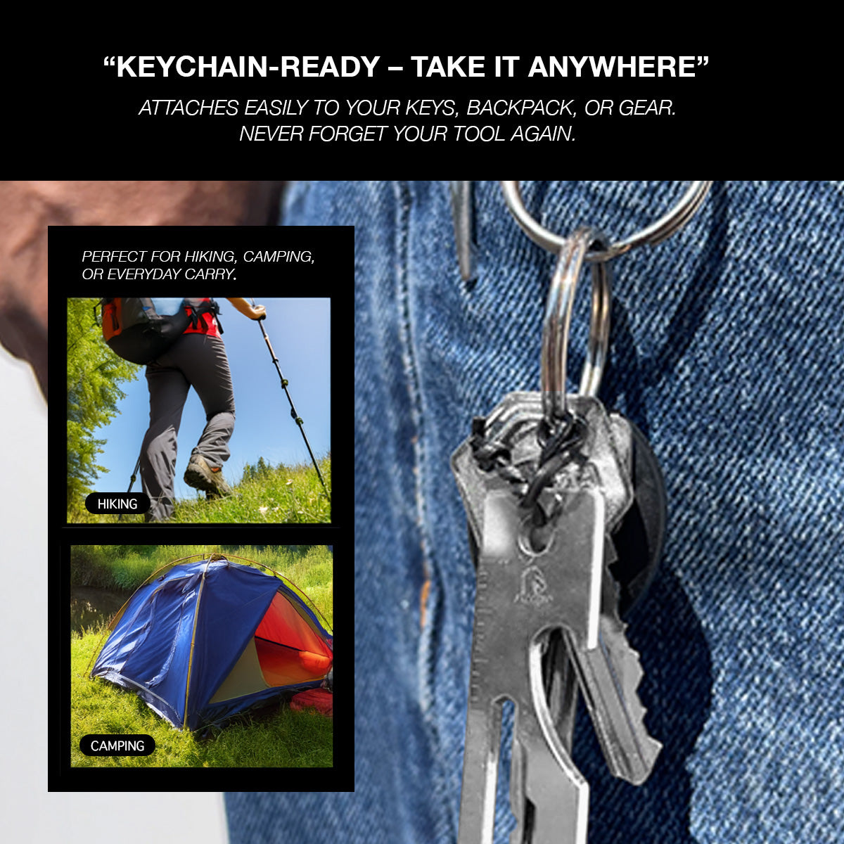 Falcon keychain multitool for outdoor use attached to keys on denim pocket with hiking and camping scenes
