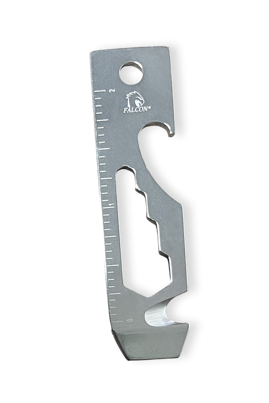Falcon keychain multitool for outdoor use with bottle opener, ruler, and wrench features