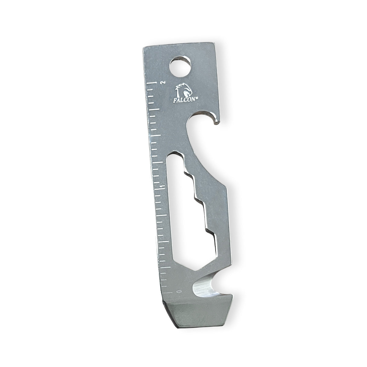 Falcon keychain multitool for outdoor use with bottle opener, ruler, and wrench features