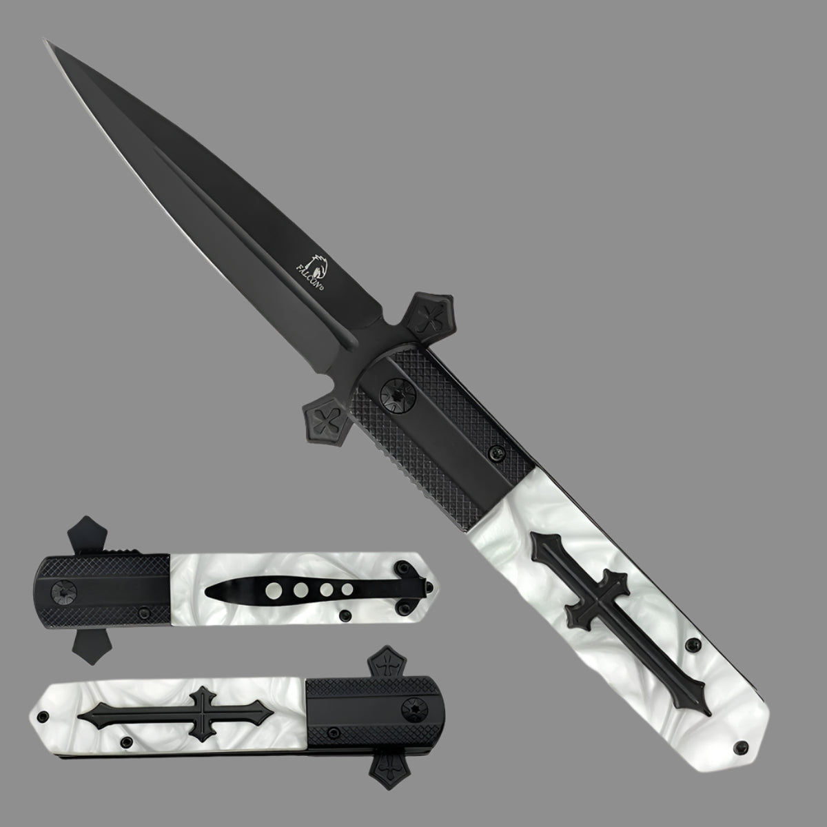 Guild Arms Falcon Knives Cross Marble Spring Assisted Pocket Knife with sleek black blade and stylish handle