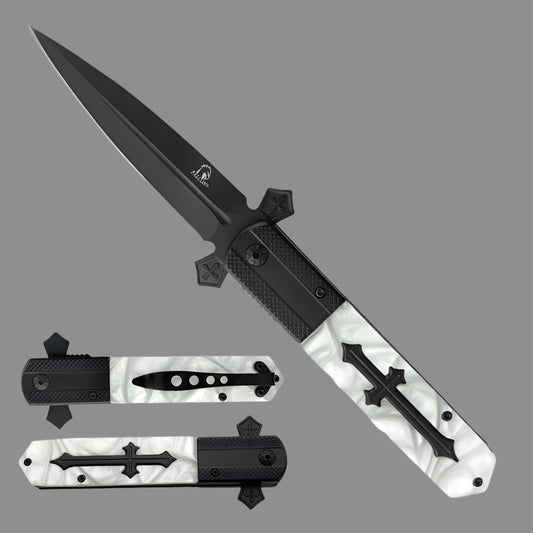 Guild Arms Falcon Knives Cross Marble Spring Assisted Pocket Knife with sleek black blade and stylish handle