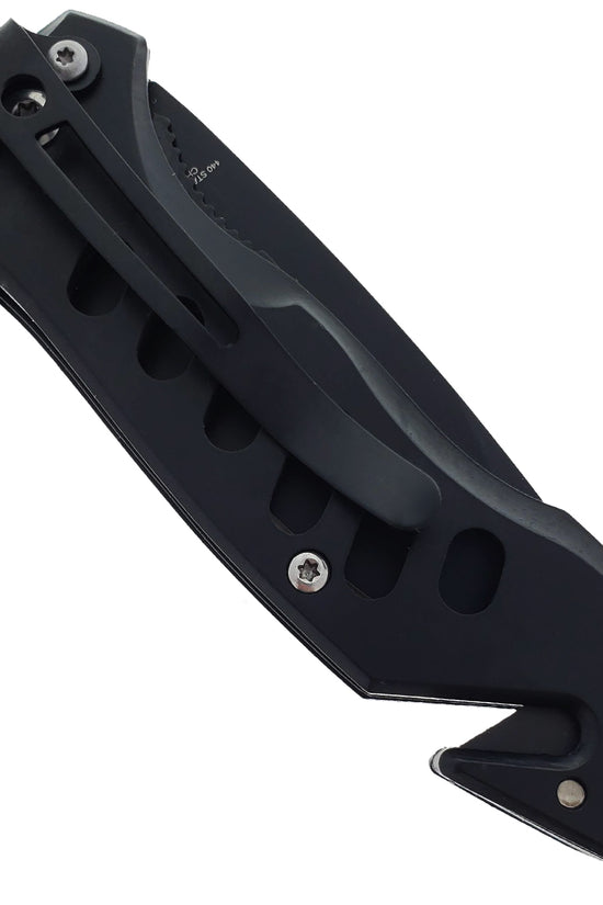 Guild Arms EDC Spring assisted knife with black blade featuring a sleek design and pocket clip