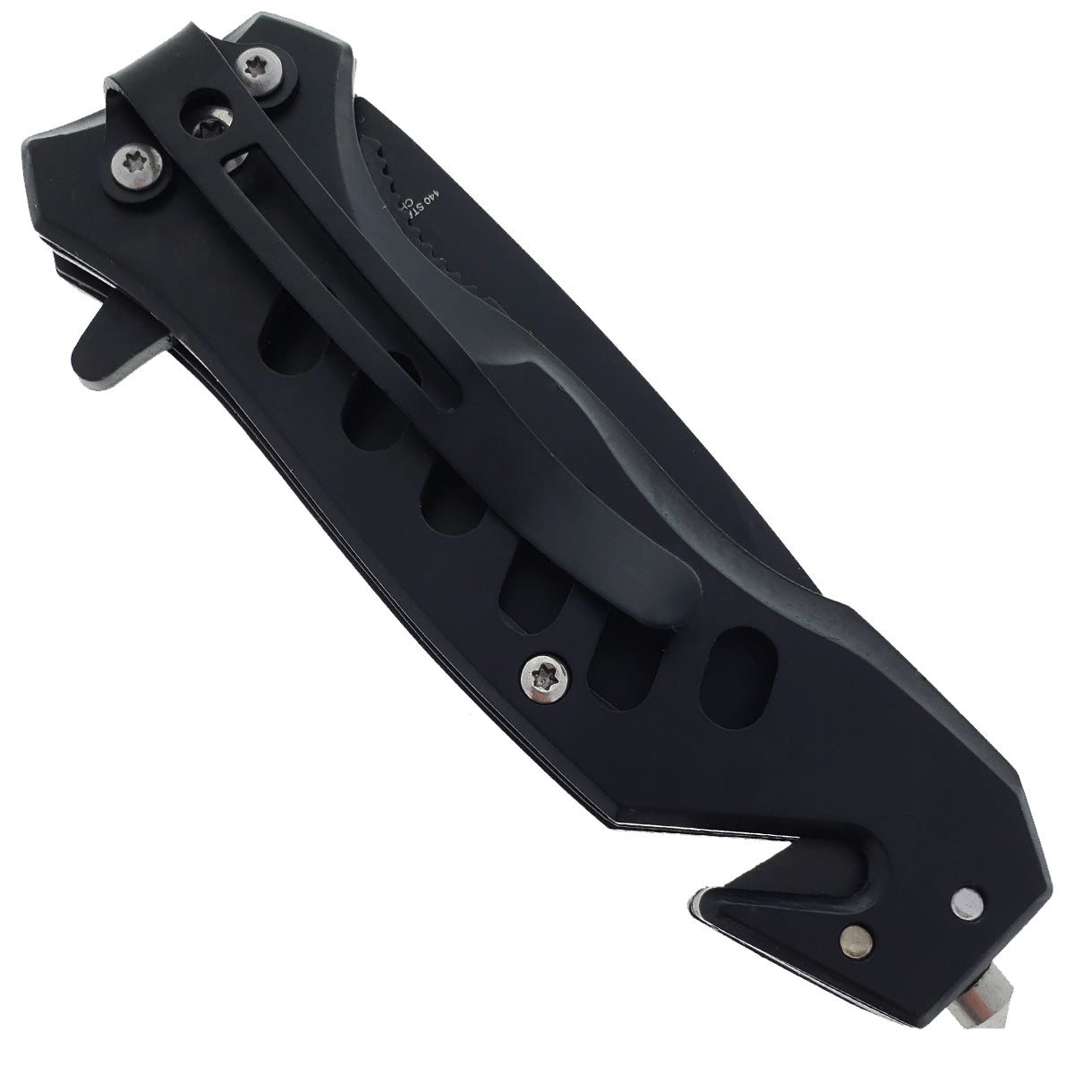 Guild Arms EDC Spring assisted knife with black blade featuring a sleek design and pocket clip