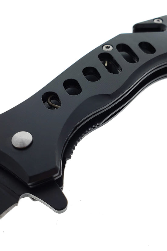 Guild Arms EDC Spring assisted knife with black blade featuring a textured handle for a secure grip