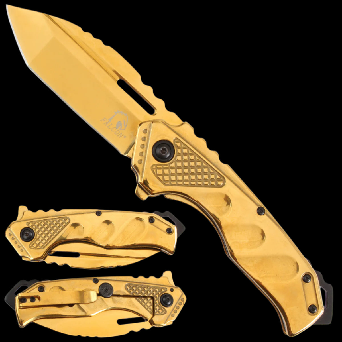 Falcon Knives gold pocket knife spring assisted pocket knife with textured grip and folding blade