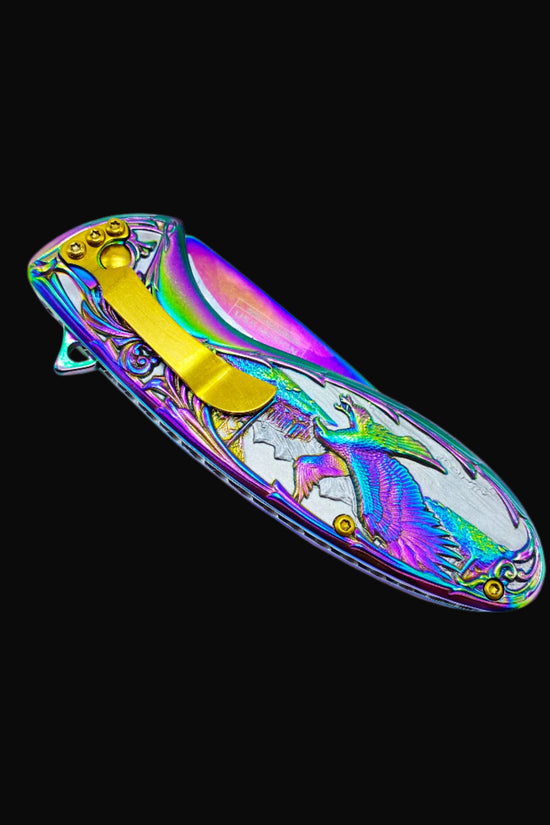 Guild Arms Falcon Knives Rainbow Eagle and Ornate Spring Assisted Knife with colorful detailed handle