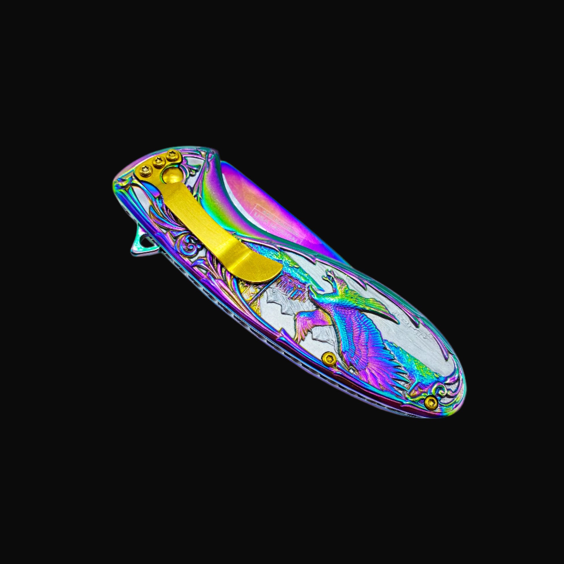 Guild Arms Falcon Knives Rainbow Eagle and Ornate Spring Assisted Knife with colorful detailed handle