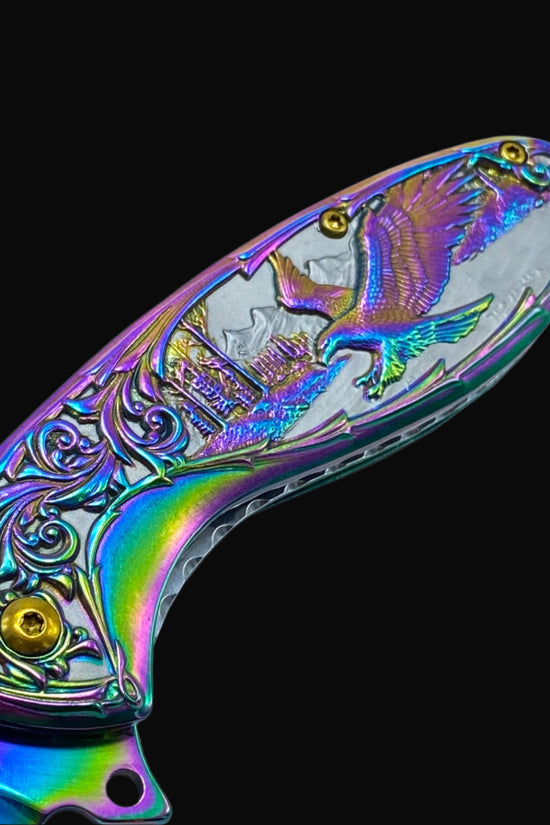Guild Arms Falcon Knives Rainbow Eagle and Ornate Spring Assisted Knife with colorful engraved handle