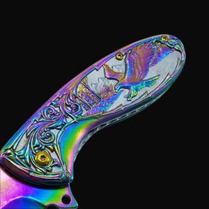 Guild Arms Falcon Knives Rainbow Eagle and Ornate Spring Assisted Knife with colorful engraved handle