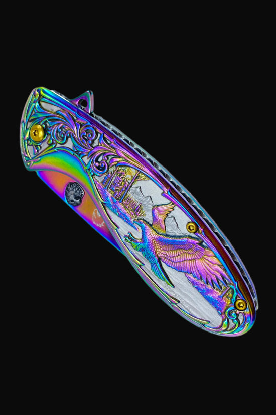 Falcon Knives Rainbow Eagle and Ornate Spring Assisted Knife by Guild Arms with vibrant rainbow finish and detailed eagle design