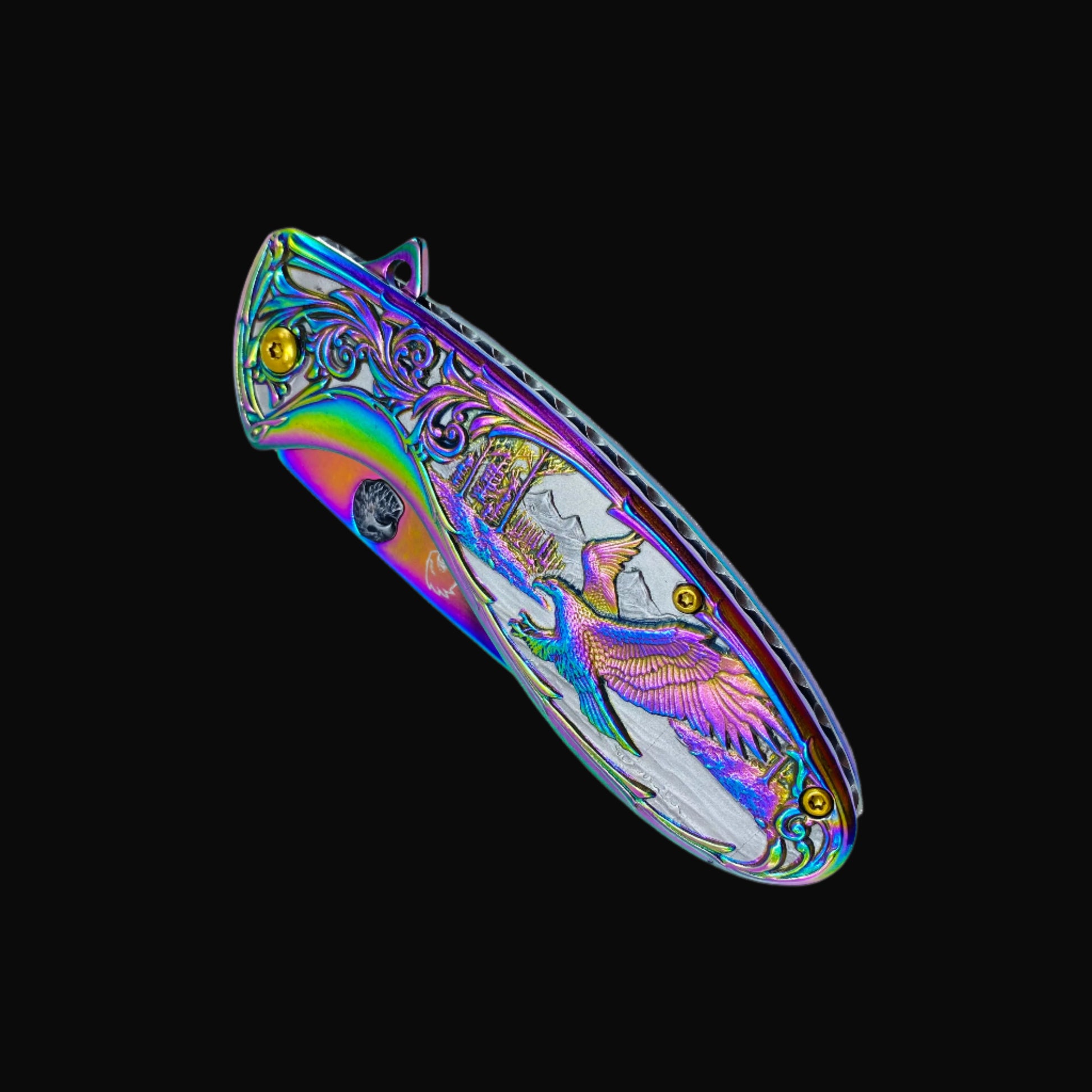 Falcon Knives Rainbow Eagle and Ornate Spring Assisted Knife by Guild Arms with vibrant rainbow finish and detailed eagle design