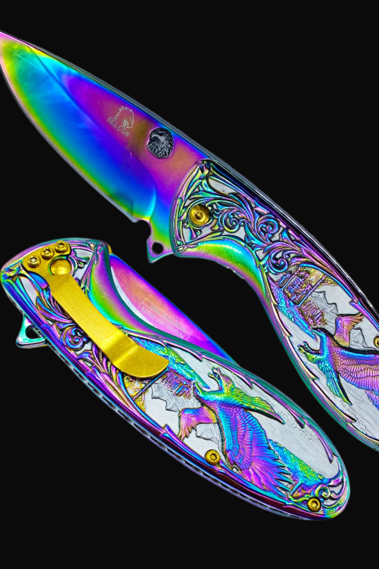 Guild Arms Falcon Knives Rainbow Eagle and Ornate Spring Assisted Knife with vibrant rainbow blade and detailed eagle design