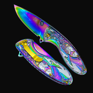 Guild Arms Falcon Knives Rainbow Eagle and Ornate Spring Assisted Knife with vibrant rainbow blade and detailed eagle design