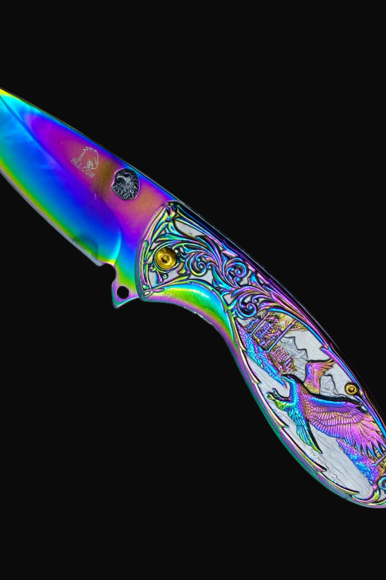 Guild Arms Falcon Knives Rainbow Eagle and Ornate Spring Assisted Knife with colorful blade and detailed handle design
