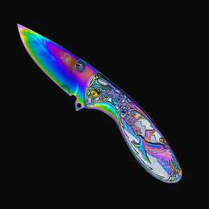 Guild Arms Falcon Knives Rainbow Eagle and Ornate Spring Assisted Knife with colorful blade and detailed handle design