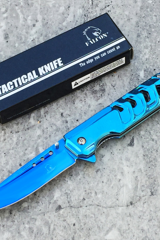 Falcon Mirror Blue Spring Assisted Pocket Knife with a sleek design and enhanced grip for everyday use