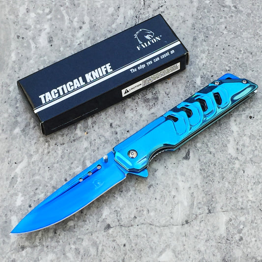 Falcon Mirror Blue Spring Assisted Pocket Knife with a sleek design and enhanced grip for everyday use