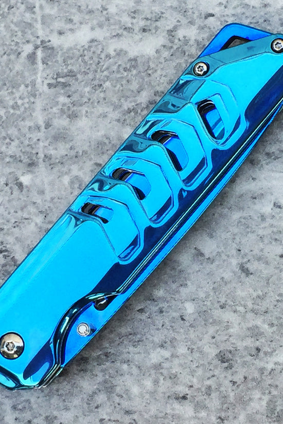 Falcon Mirror Blue Spring Assisted Pocket Knife with Sleek Handle Design and Durable Blade