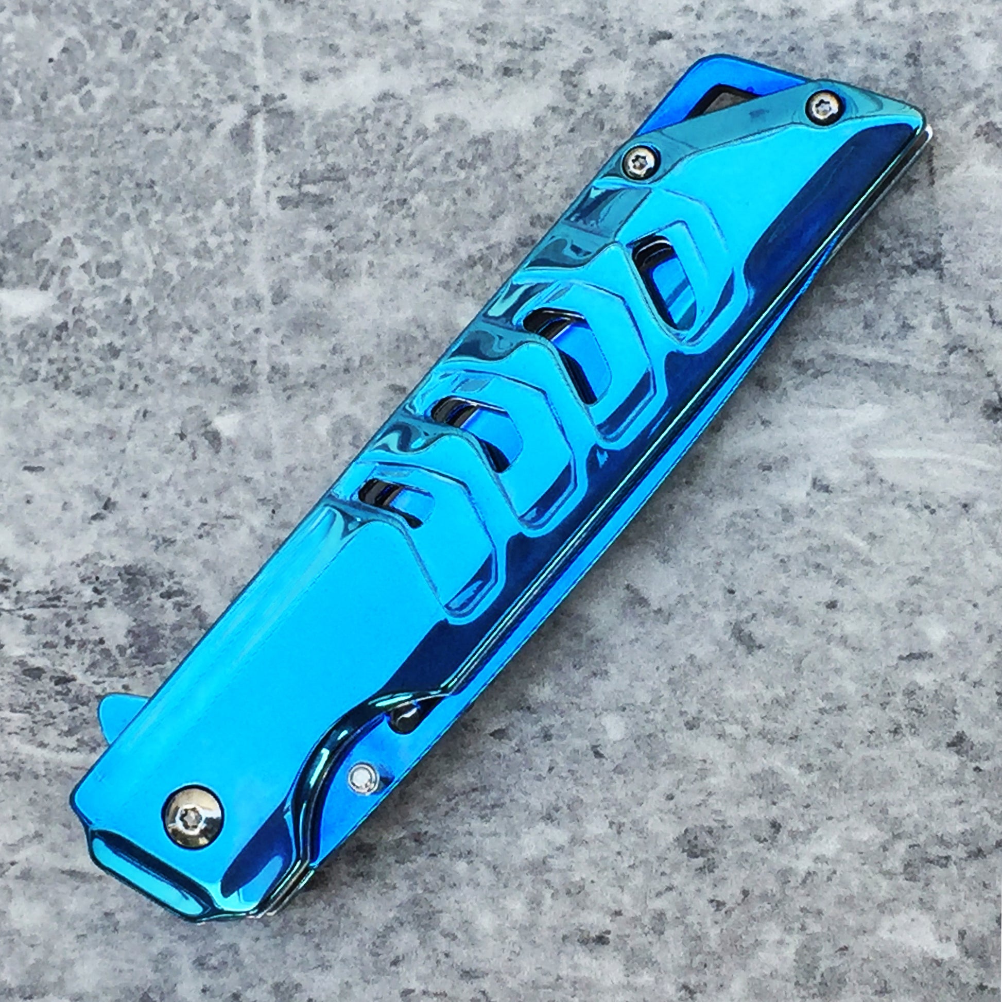 Falcon Mirror Blue Spring Assisted Pocket Knife with Sleek Handle Design and Durable Blade