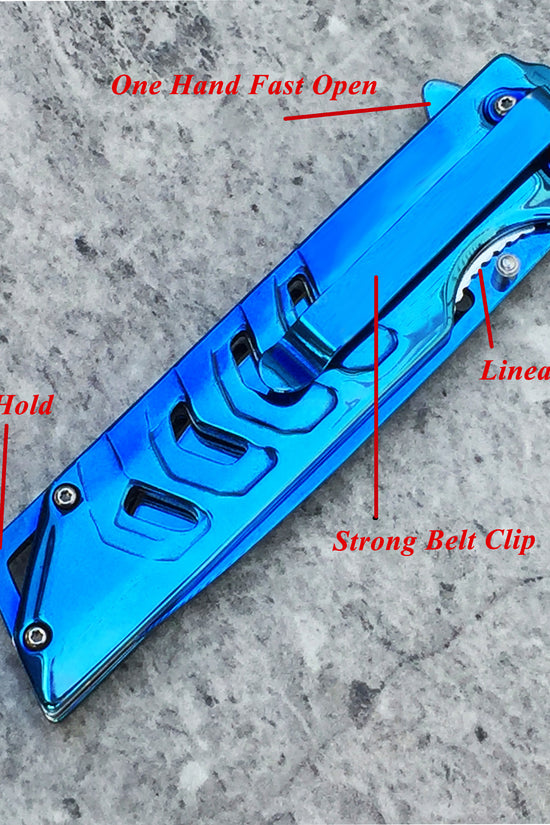 Falcon Mirror Blue Spring Assisted Pocket Knife with one-hand fast open, linear lock, and strong belt clip