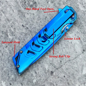 Falcon Mirror Blue Spring Assisted Pocket Knife with one-hand fast open, linear lock, and strong belt clip