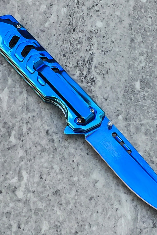 Falcon Mirror Blue Spring Assisted Pocket Knife with a sleek design and durable blade