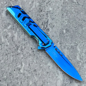 Falcon Mirror Blue Spring Assisted Pocket Knife with a sleek design and durable blade