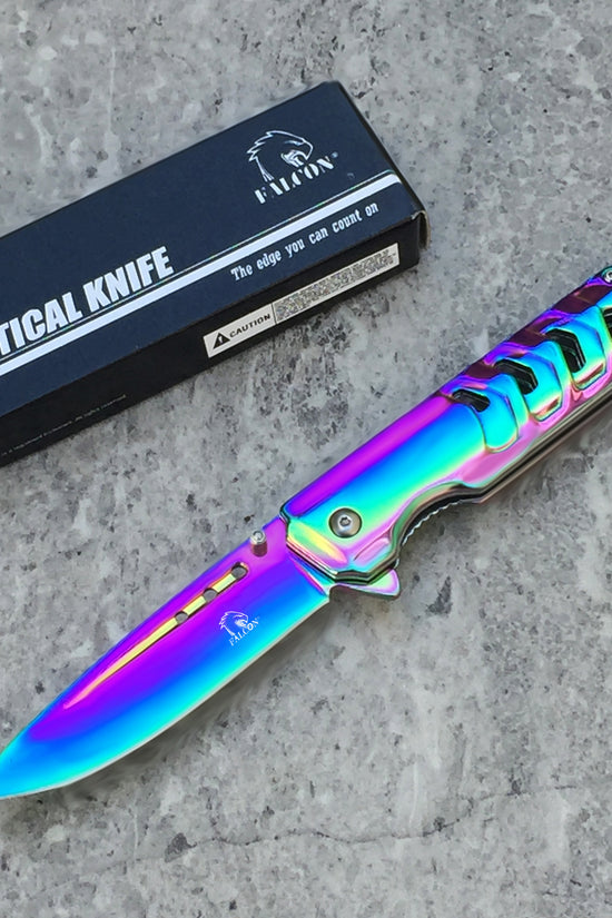 Falcon Mirror Rainbow Spring Assisted Pocket Knife with Tactical Design and Durable Handle