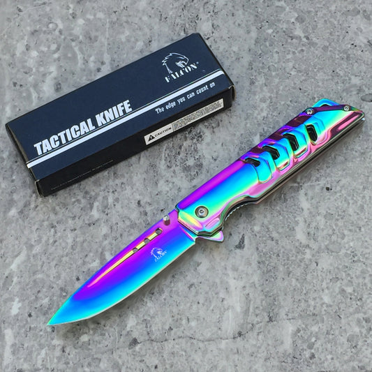 Falcon Mirror Rainbow Spring Assisted Pocket Knife with Tactical Design and Durable Handle