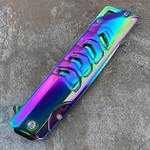 Falcon Mirror Rainbow Spring Assisted Pocket Knife with a sleek and colorful design for easy handling