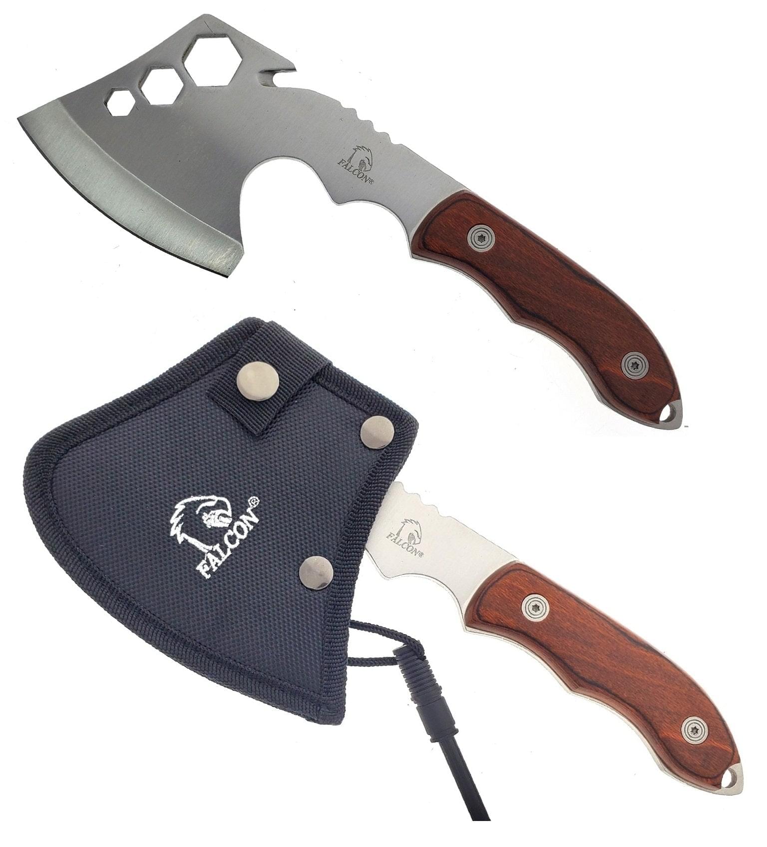 Falcon Multi-Tool Wood Axe with stainless steel blade and ergonomic wooden handle for outdoor use