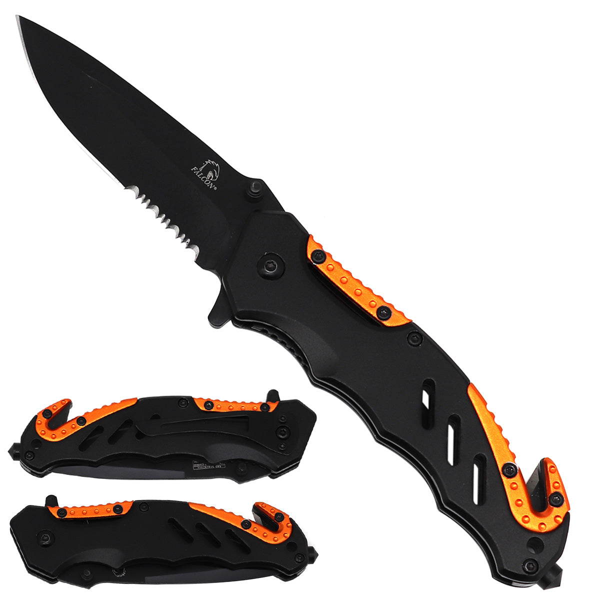 Falcon Pocket Knife - Bicolor Orange Aluminum Handle Spring Assisted Knife with Serrated Edge