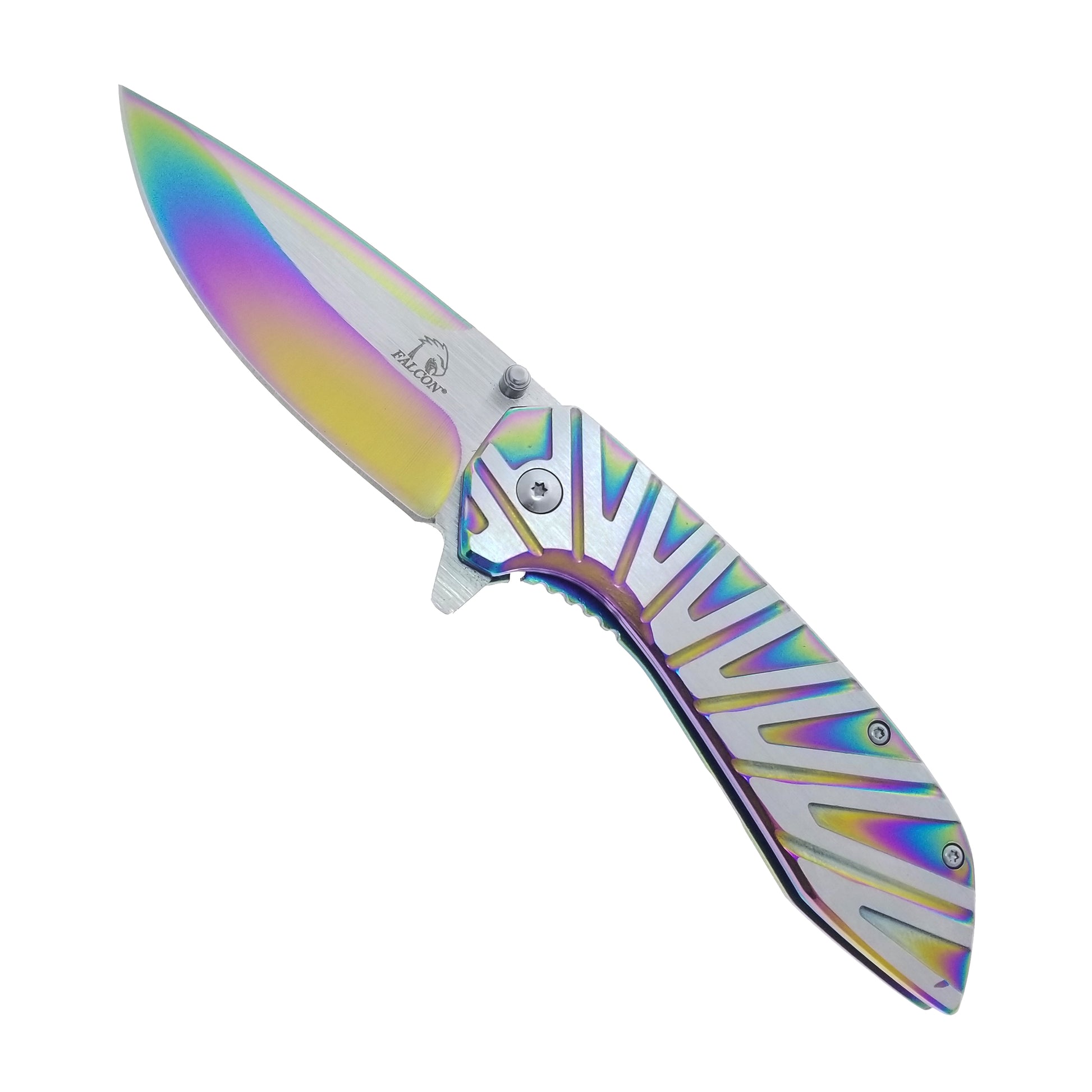 Falcon Rainbow EDC Pocket Knife with spring-assisted opening and sleek multicolor design