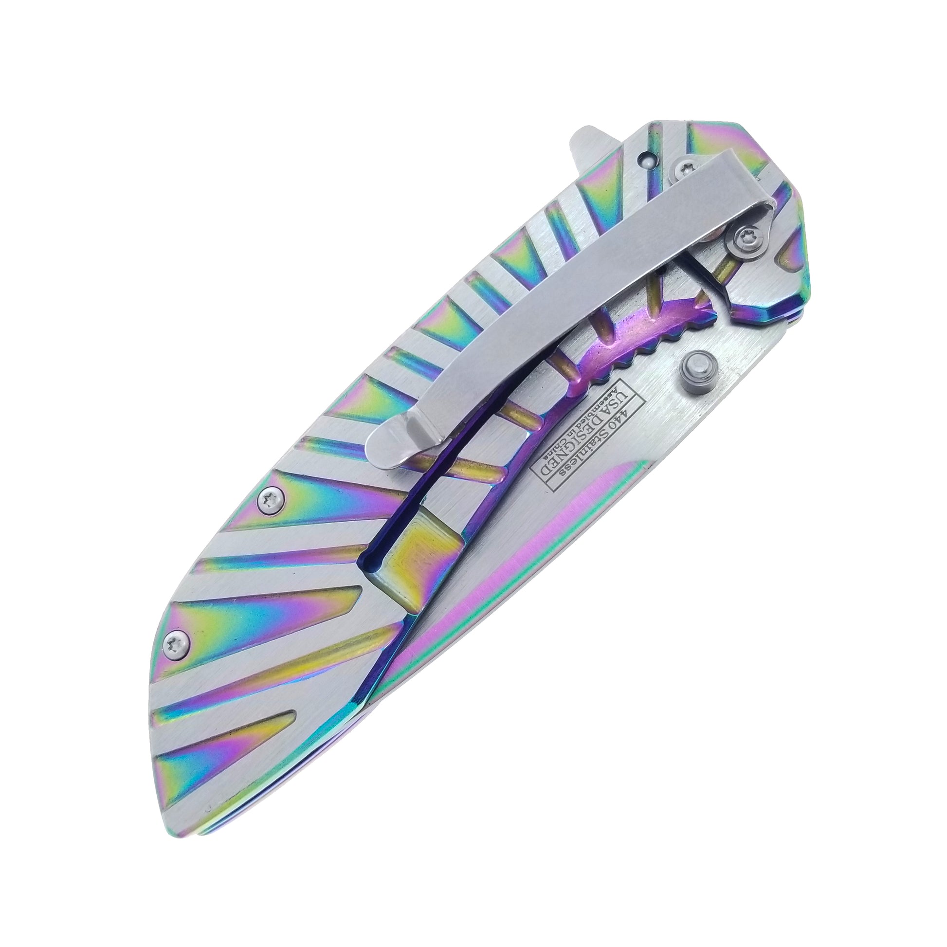 Falcon Rainbow EDC Pocket Knife with spring-assisted opening and colorful blade design