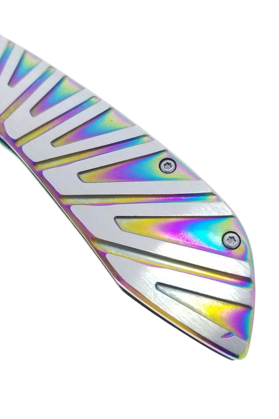 Falcon Rainbow EDC Pocket Knife with an iridescent handle designed for everyday carry and quick access