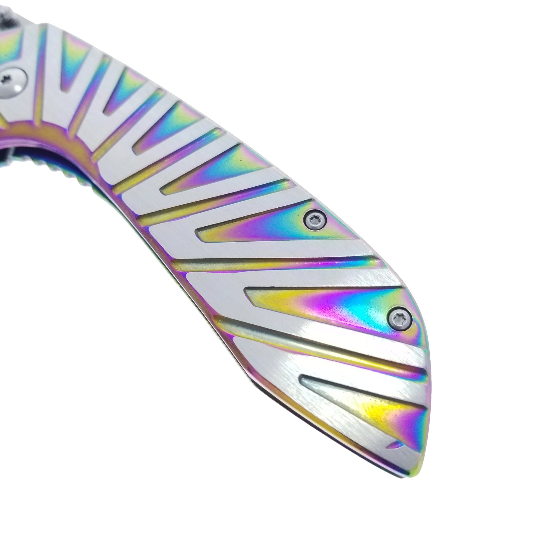 Falcon Rainbow EDC Pocket Knife with an iridescent handle designed for everyday carry and quick access