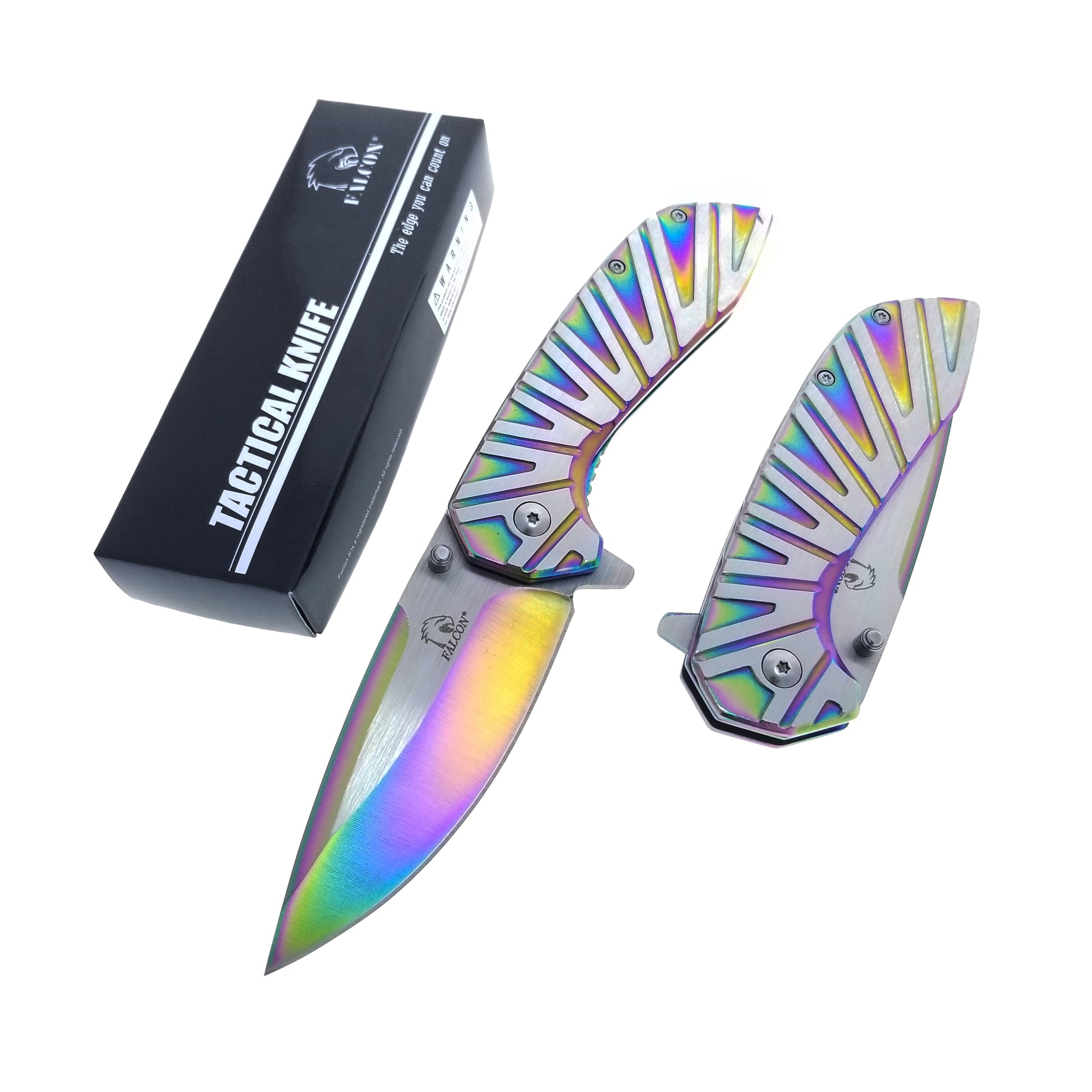 Falcon Rainbow EDC Pocket Knife with sleek design and vibrant rainbow finish for everyday carry