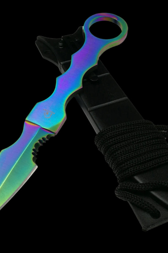 Falcon rainbow Fixed Blade Tactical knife with iridescent finish and black sheath with cord